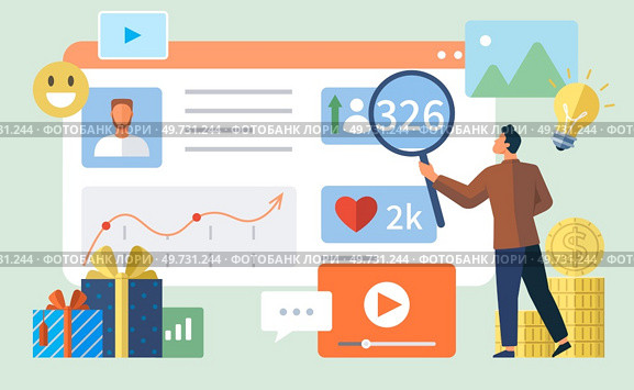 Influencer. Vector illustration. Attracting right audience is key goal for influencers in their marketing efforts The influencer metaphor highlights role online personalities as trendsetters. Influencer. Influencers provide valuable information to their audience through their content. Стоковое фото, агентство Ingram Publishing / Фотобанк Лори