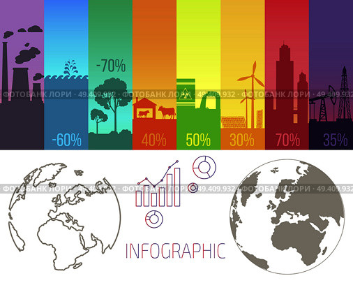 Infographic poster with ecological problems. Polluted air by factories, toxic waste, water pollution, renewable sources of energy and earth silhouette vector. Infographic Poster with Ecological Problems. Стоковая иллюстрация, агентство Ingram Publishing / Фотобанк Лори