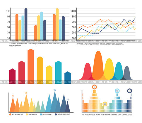 Infographics and charts with lines graphics vector. Dots and curves, visualization and conceptualization of data. Schemes and numeric figures results. Infographics and Charts with Lines Graphics Set. Стоковая иллюстрация, агентство Ingram Publishing / Фотобанк Лори