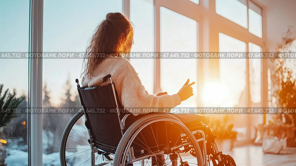 Inner Strength: A woman in a wheelchair embraces hope at sunrise, finding peace and envisioning a brighter future. Стоковое AI-изображение, AI-художник Данила Большаков / Фотобанк Лори