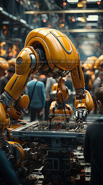 Innovation Unleashed: diverse group of individuals, brimming with excitement, huddles around an impressive robot placed on a table. Стоковое AI-изображение, AI-художник Данила Большаков / Фотобанк Лори
