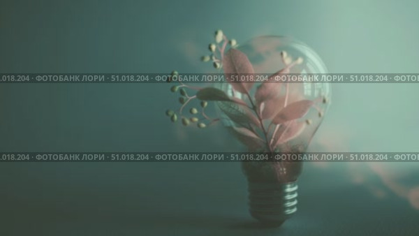 Innovative concept of sustainability with a light bulb and green leaves representing renewable energy and nature. Стоковое AI-видео, аниматор Сергей Толмачёв / Фотобанк Лори