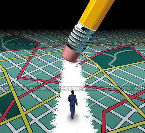 Innovative path and road to success concept as a businessman walking through a confusing highway map with a pencil eraser clearing a pathway to career or life success by cutting through the clutter. Стоковое фото, агентство Ingram Publishing / Фотобанк Лори