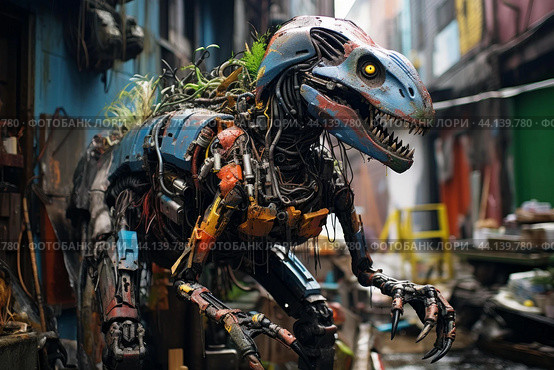 Innovative Robotic dinosaur urban street square. Generate Ai. Стоковое AI-изображение, AI-художник Иван Рябоконь / Фотобанк Лори
