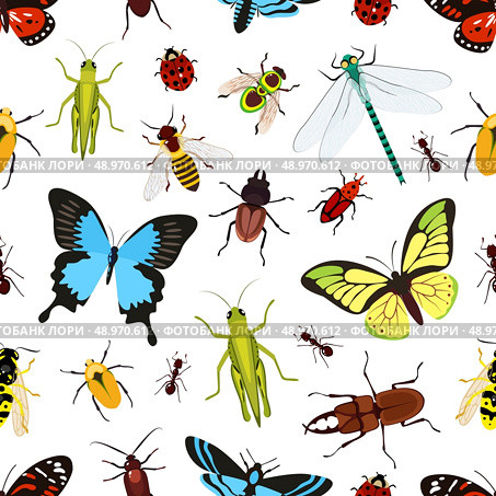 Insects colored seamless pattern with grasshopper wasp butterfly vector illustration. Стоковая иллюстрация, агентство Ingram Publishing / Фотобанк Лори