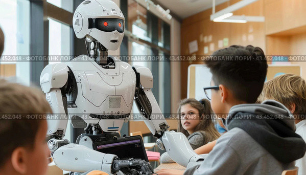 Inside the classroom, a robot captivates a group of children with its spellbinding presentation. Стоковое AI-изображение, AI-художник Юрий Поздников / Фотобанк Лори