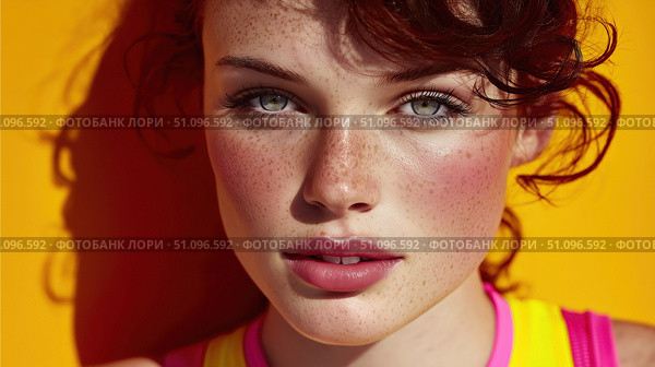 Inspiring woman athlete showing confidence and strength with vibrant background. Стоковое AI-изображение, AI-художник Ксения Лаптева / Фотобанк Лори