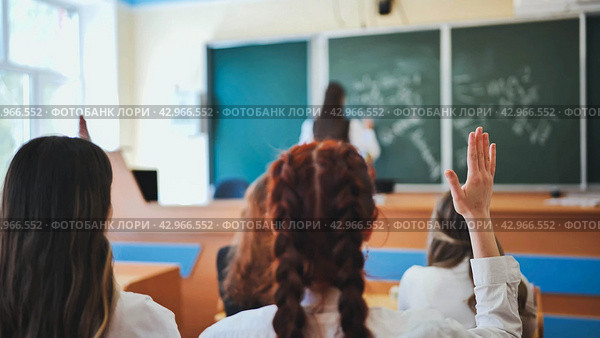 Intelligent group of young school children all raising their hands in the air to answer a question posed by the female teacher, view from behind. Стоковое фото, фотограф Mikhail Davidovich / Фотобанк Лори