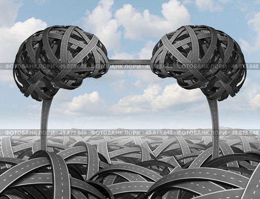 Intelligent partnership management with tangled roads and highways shaped as a human brain with a connected path forming a union and team for business success on a sky background. Стоковое фото, агентство Ingram Publishing / Фотобанк Лори