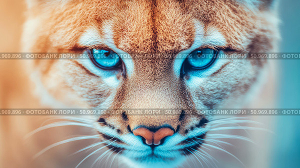 Intense and captivating close-up portrait of a powerful wild cat, likely a cougar or puma, with stunning, luminous blue eyes and a focused gaze. Стоковое AI-изображение, AI-художник Данила Большаков / Фотобанк Лори