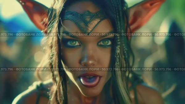 Intense Close-up of a Powerful Mythic Figure with Glowing Green Eyes, Pointed Ears, and a Playful, Challenging Gaze. Стоковое AI-видео, аниматор Данила Большаков / Фотобанк Лори