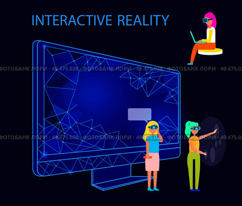 Interactive reality people using gadgets vector. Male and female wearing vr glasses entertaining in cyberspace. Mobile systems and computer monitor. Interactive Reality People Using Gadgets Vector. Стоковая иллюстрация, агентство Ingram Publishing / Фотобанк Лори