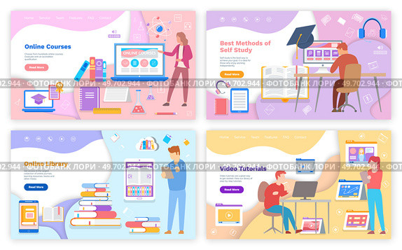 Interface of educational website. Online courses, virtual school, internet education. Webpage template, landing page. Man using program for distance learning. Best methods of self study concept. Best methods of self study concept. Man using program for distance learning, online courses. Стоковая иллюстрация, агентство Ingram Publishing / Фотобанк Лори