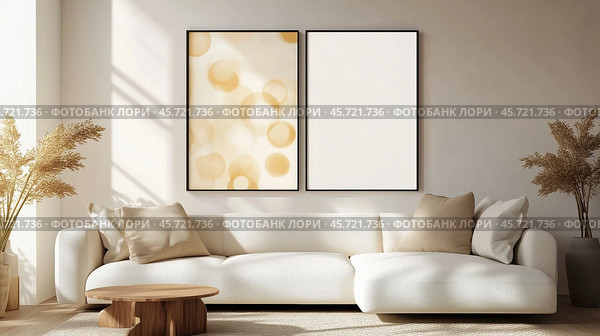 Interior design with minimalist decor featuring a cozy white sofa and two wall art pieces in a sunlit living room. Стоковое AI-изображение, AI-художник Сергей Толмачёв / Фотобанк Лори