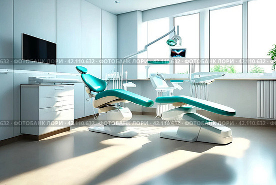 Interior of dental equipment in dentist room in new modern stomatological clinic office. Background of dental chair and accessories used by dentists in blue color. Copy space, text place. Стоковое AI-изображение, AI-художник Aleksandr Golubev / Фотобанк Лори