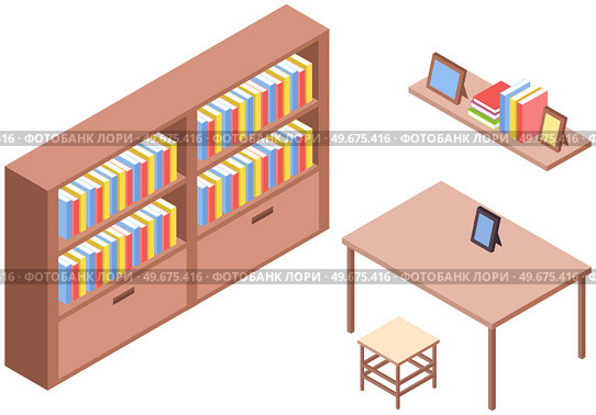 Interior of living room in cartoon retro style. Wooden table, stool, bookcase and shelf with pictures on white background. Empty premise with furnishings for design, apartment equipment elements. Interior of living room in retro style. Wooden table, stool, bookcase and shelf with pictures. Стоковая иллюстрация, агентство Ingram Publishing / Фотобанк Лори