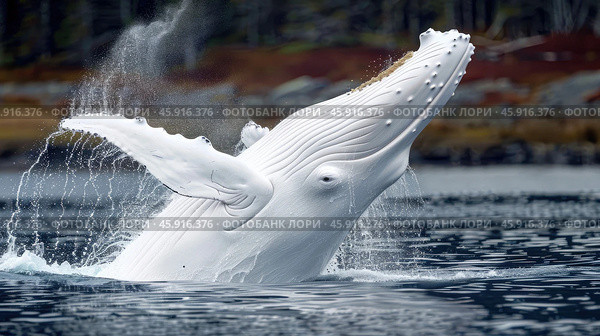 International Albinism Awareness Day, an albino whale jumps out of the water, a genetic feature of appearance, not like everyone else. Стоковое AI-изображение, AI-художник Светлана Леуто / Фотобанк Лори