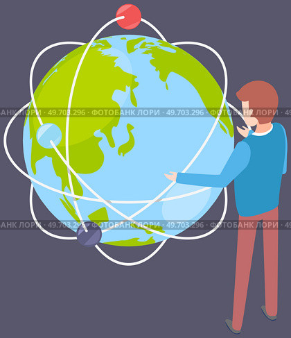 International business visual concept. Businessman stands at big planet layout shows and tells direction of movement of wold trade. Successful Trader. Social network. Travel agency manager at work. International business visual concept. Businessman stands at big planet layout. Social network. Стоковая иллюстрация, агентство Ingram Publishing / Фотобанк Лори