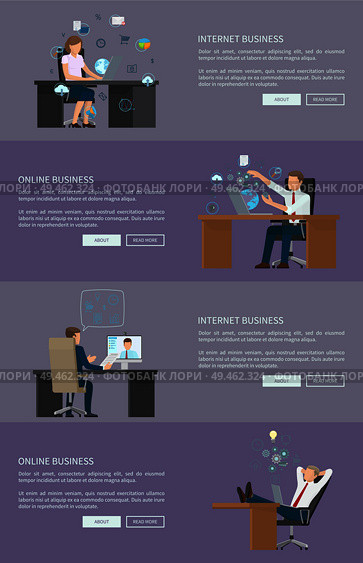 Internet and online business web pages collection, people working on improvement, laptops usage, modern devices global involvement vector illustration. Internet and Online Web Pages Vector Illustration. Стоковая иллюстрация, агентство Ingram Publishing / Фотобанк Лори