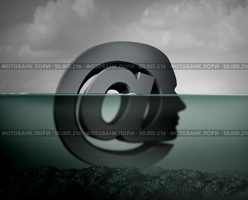 Internet depression or cyberbullying psychological anxiety suffering and texting risk concept as an email symbol shaped as a person depressed because of compulsive  habits with social media sites 3D illustration style. Стоковое фото, агентство Ingram Publishing / Фотобанк Лори