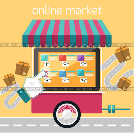 Internet shopping concept smartphone with awning of buying products via online shop market store and road with delivery box e-commerce ideas e-commerce symbols sale elements on stylish background. Стоковая иллюстрация, агентство Ingram Publishing / Фотобанк Лори