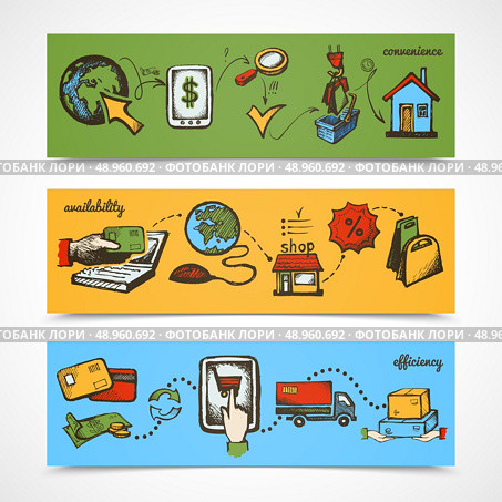 Internet shopping convenience availability efficiency sketch horizontal banner set isolated vector illustration. Стоковая иллюстрация, агентство Ingram Publishing / Фотобанк Лори