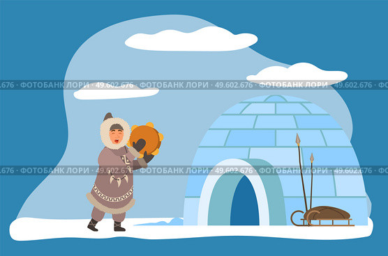 Inuit or eskimos playing musical instrument by igloo ice house. Personage wearing warm traditional clothes. Character by dwelling with sleds and weapon or fishing tools. Vector in flat style. Eskimo with Musical Instrument by Igloo House. Стоковая иллюстрация, агентство Ingram Publishing / Фотобанк Лори