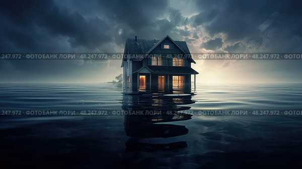 inundation house under water ai generated. Стоковое AI-изображение, AI-художник Vectorwin / Фотобанк Лори