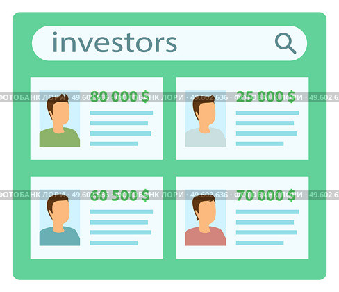 Investor list presentation poster vector illustration. Several candidates willing to invest in a business. Profiles of businessmen with photos and money. Business management and financial analysis. Investor list presentation poster vector illustration. Candidates willing to invest in a business. Стоковая иллюстрация, агентство Ingram Publishing / Фотобанк Лори