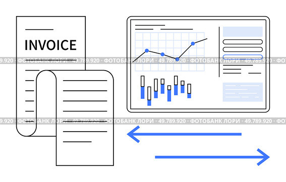 Invoice document beside screen displaying charts and financial data. Bidirectional arrows signify data flow and integration. Ideal for finance, business, accounting, reports, invoicing, analytics. Invoice Document and Financial Data Analysis on Screen with Bidirectional Flow Arrows. Стоковая иллюстрация, агентство Ingram Publishing / Фотобанк Лори