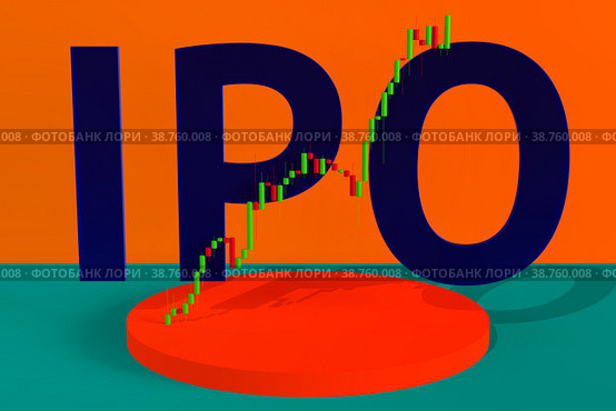 IPO. Первоначальное публичное размещение акций компании. Первоначальная публичная эмиссия прошла успешно. График вида «японские свечи» показывает рост цены. Стоковая иллюстрация, иллюстратор Олег Безруков / Фотобанк Лори