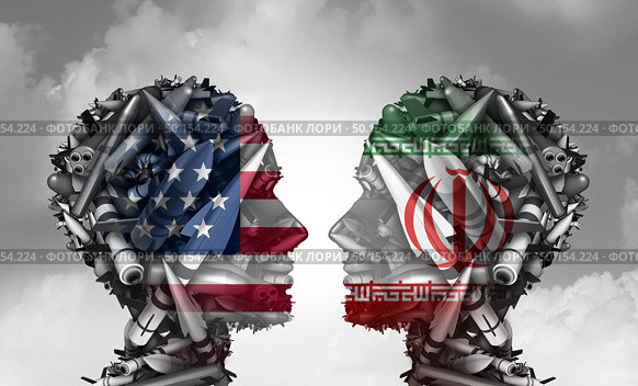Iran US missile conflict and United States middle east crisis concept as an American and Iranian security problem due to economic sanctions and nuclear deal dispute with 3D illustration elements. Стоковое фото, агентство Ingram Publishing / Фотобанк Лори