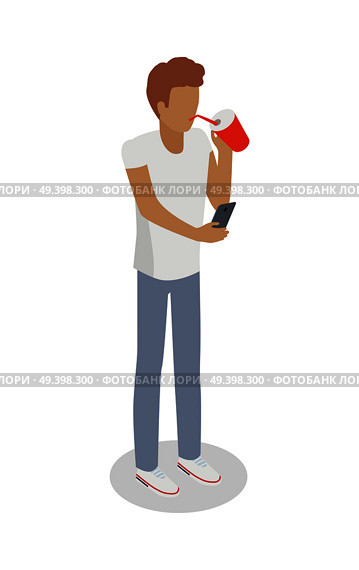 Isolated faceless boy drinks something from red covered glass through sipper and searches information in smartphone. Vector illustration of young male person in white t-shirt and grey trousers. Isolated Faceless Boy Drinks Something, Uses Phone. Стоковая иллюстрация, агентство Ingram Publishing / Фотобанк Лори