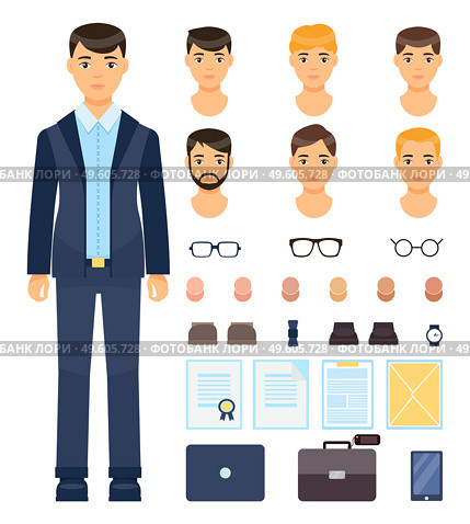 Isolated young guy in formal suit. Change set of businessman. Different types and colors of haircuts, beard, eyeglasses, skin colors, clock, bowtie, document, report, suitcase, diplomat, smartphone. Set of businessman changeable elements, collection of haircuts, office accessories, shoes, suitcases. Стоковая иллюстрация, агентство Ingram Publishing / Фотобанк Лори