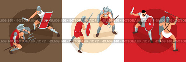Isometric ancient rome gladiators design concept with square compositions of duel battles with fighting warrior characters vector illustration. Ancient Gladiators Design Concept. Стоковая иллюстрация, агентство Ingram Publishing / Фотобанк Лори