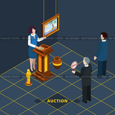 Isometric Auction Process Abstract. Isometric auction process abstract with bidding man and female auctioneer vector illustration. Стоковая иллюстрация, агентство Ingram Publishing / Фотобанк Лори