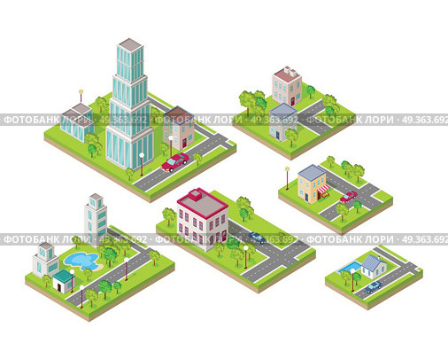 Isometric City Buildings Vector Set. Isometry. Isometric city buildings vector set. Isometry icons of city. Modern architecture, skyscraper exterior, clean city. Home and office buildings. Eco friendly environment. Residential estate cityscape. Стоковая иллюстрация, агентство Ingram Publishing / Фотобанк Лори