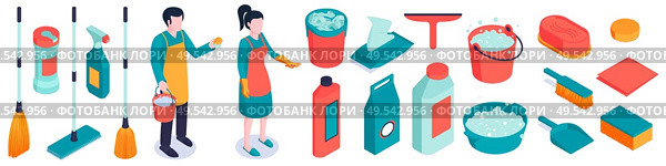 Isometric cleaning set of isolated human characters and pieces of cleaning equipment with detergents and foam vector illustration. Стоковая иллюстрация, агентство Ingram Publishing / Фотобанк Лори