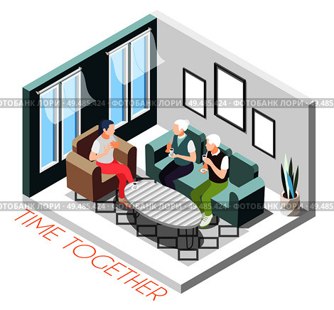 Isometric colored time together composition with girl visits parents at their home vector illustration. Стоковая иллюстрация, агентство Ingram Publishing / Фотобанк Лори