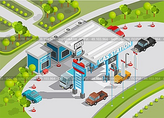 Isometric Composition Of Gas Station. Isometric poster of gas station composition with gas and fuel refill service shop and cars vector illustration. Стоковая иллюстрация, агентство Ingram Publishing / Фотобанк Лори