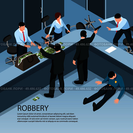 Isometric criminal background with indoor scenery of robbery characters of people with money bags and guns vector illustration. Стоковая иллюстрация, агентство Ingram Publishing / Фотобанк Лори