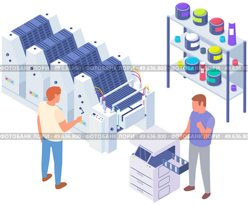 Isometric factory printer. People working with equipment and shelving with paints. Office or production technique. Technology for printing. Technique, printer, printing machine vector illustration. People working with equipment and shelving with paints. Office technique vector illustration. Стоковая иллюстрация, агентство Ingram Publishing / Фотобанк Лори