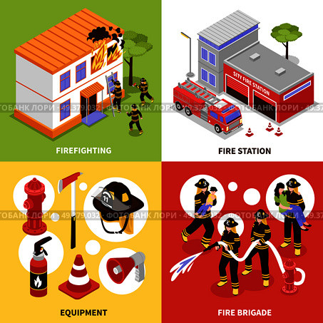 Isometric firefighter 2x2 design concept with firefighting brigade equipment and station isolated on colorful backgrounds 3d vector illustration. Isometric Firefighter 2x2 Concept. Стоковая иллюстрация, агентство Ingram Publishing / Фотобанк Лори