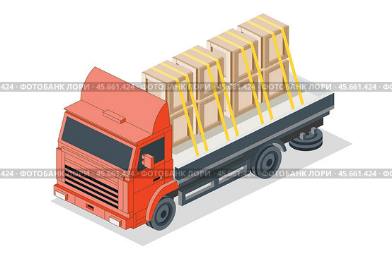 Isometric Flatbed Cargo Truck with Boxes. Commercial Transport. Logistics. City Object for Infographics. Car for Carriage of Goods. Front View. Стоковая иллюстрация, иллюстратор Игорь Сорокин / Фотобанк Лори