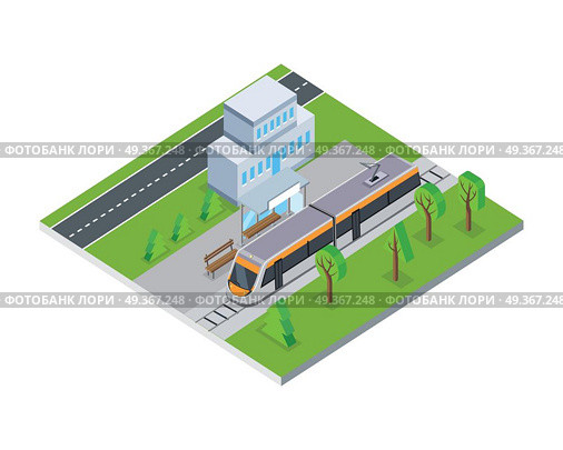 Isometric Gray Public Tram in City. Flat 3d isometric gray public tram on isometric part of city. Tram on rails. City service transport. Tram icon. Isometric part of the city infrastructure. Isometric public tram. Vector illustration. Стоковая иллюстрация, агентство Ingram Publishing / Фотобанк Лори