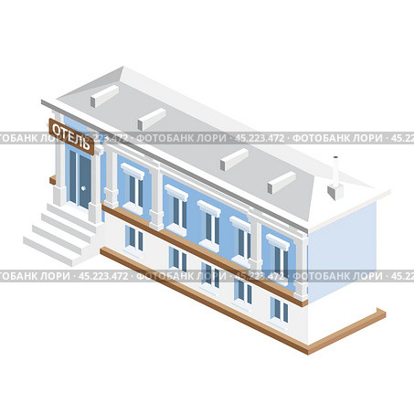 Isometric hotel in classical style with columns. Small hotel building facade. Отель в изометрии. Стоковая иллюстрация, иллюстратор Игорь Сорокин / Фотобанк Лори