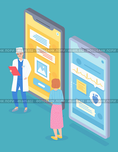 Isometric illustration of online medicine service. Doctor examines a woman patient with smartphone. Heart problems message on smartphone screen. The study of medical tests. Online diagnostics concept. Doctoral cardiological consultation of a patient remotely using a smartphone. Flat vector image. Стоковая иллюстрация, агентство Ingram Publishing / Фотобанк Лори