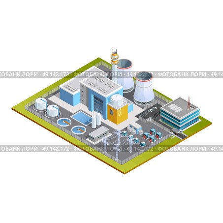 Isometric Image Of Nuclear Station. Isometric image of one block nuclear station with production centre conversion block  transformers pipes and office vector illustration. Стоковая иллюстрация, агентство Ingram Publishing / Фотобанк Лори