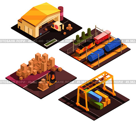 Isometric logistic design concept with set of four isolated sort facilitiy buildings appropriate for different transportation modes vector illustration. Logistic Sort Facilities Set. Стоковая иллюстрация, агентство Ingram Publishing / Фотобанк Лори
