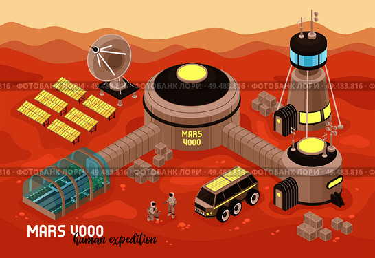 Isometric mars colonization landscape composition with text and martian terrain with extraterrestrial base buildings and people vector illustration. Стоковая иллюстрация, агентство Ingram Publishing / Фотобанк Лори